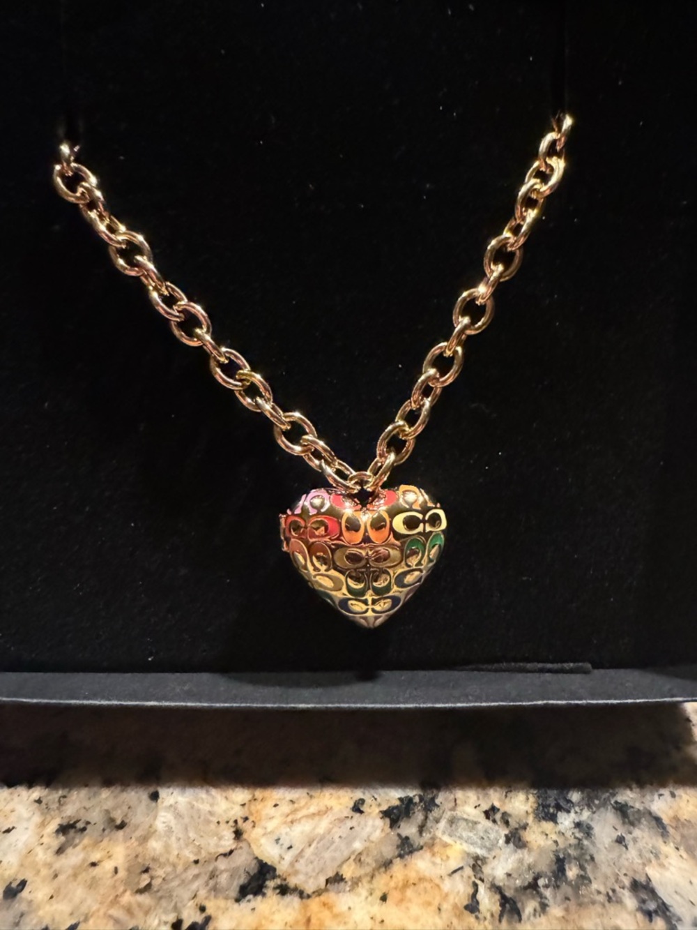 COACH Gold Tone Thick Chain Necklace with Rainbow Heart Charm Locket 💛
